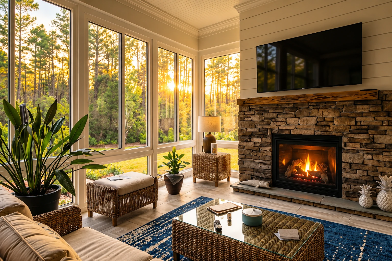 A four-season sunroom with tall windows overlooking trees at sunset, furnished with a stone fireplace, wicker seating, and a blue rug.