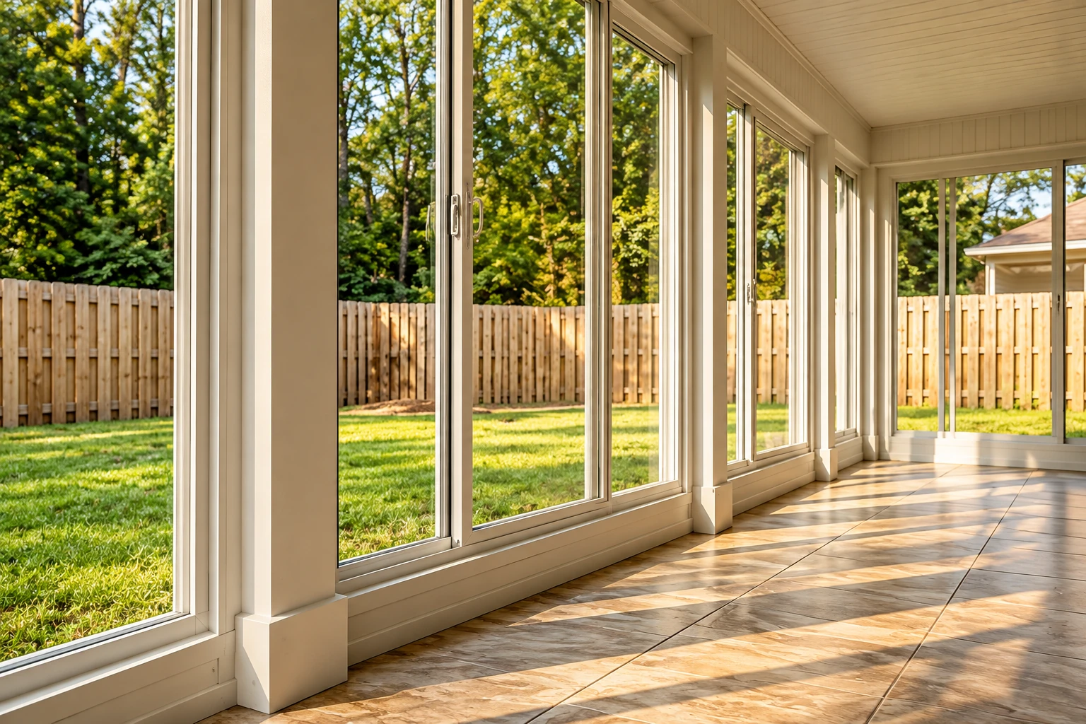 Custom sunroom with a long row of tall windows, tiled floor, and sunlight falling across an empty interior.