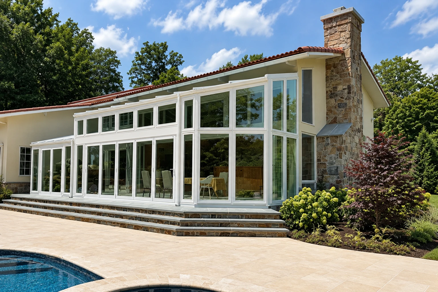 A large white-framed glass sunroom with multiple doors adjoins a stone-and-stucco house beside a paved patio and swimming pool.