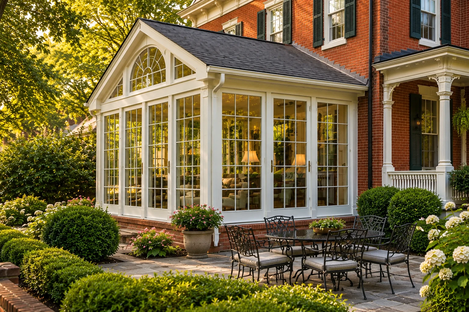 A white-framed sunroom addition extends from a red brick house, with a peaked roof and a patio dining set in front.