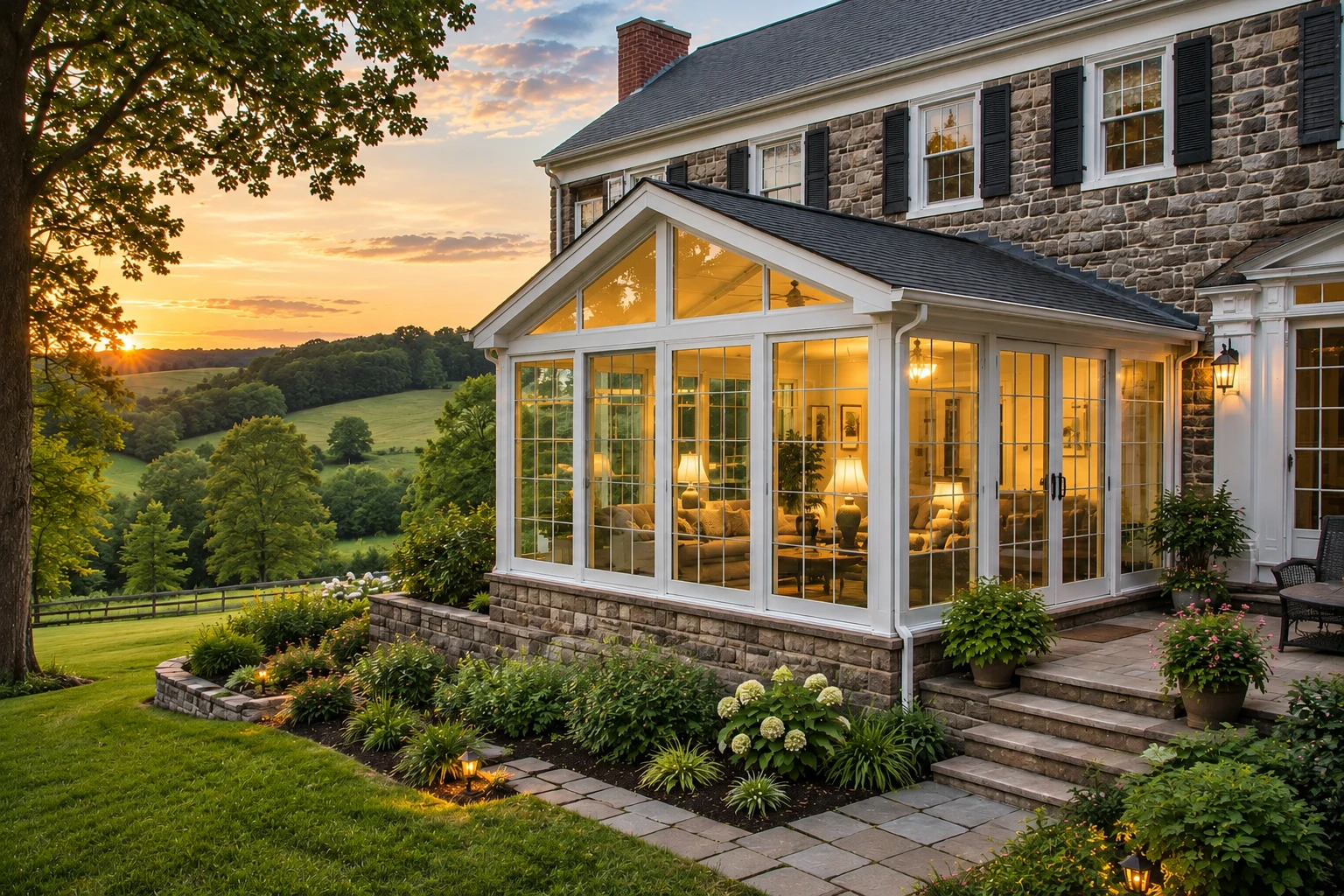 Four-season sunroom with white-framed windows attached to a stone house, overlooking a green valley at sunset.