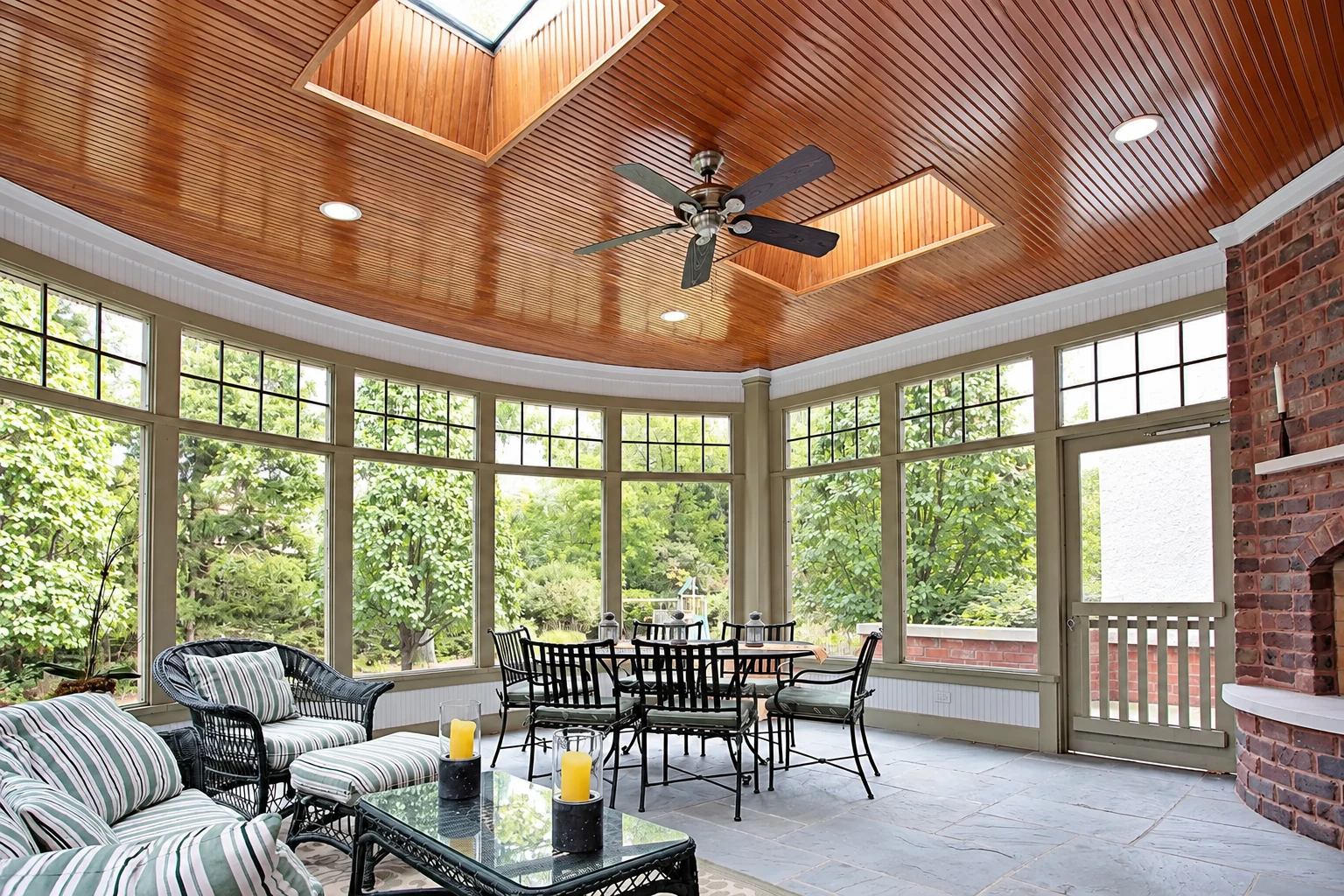 A four-season sunroom has tall gridded windows, a polished wood ceiling with skylights, and indoor dining and lounge furniture.