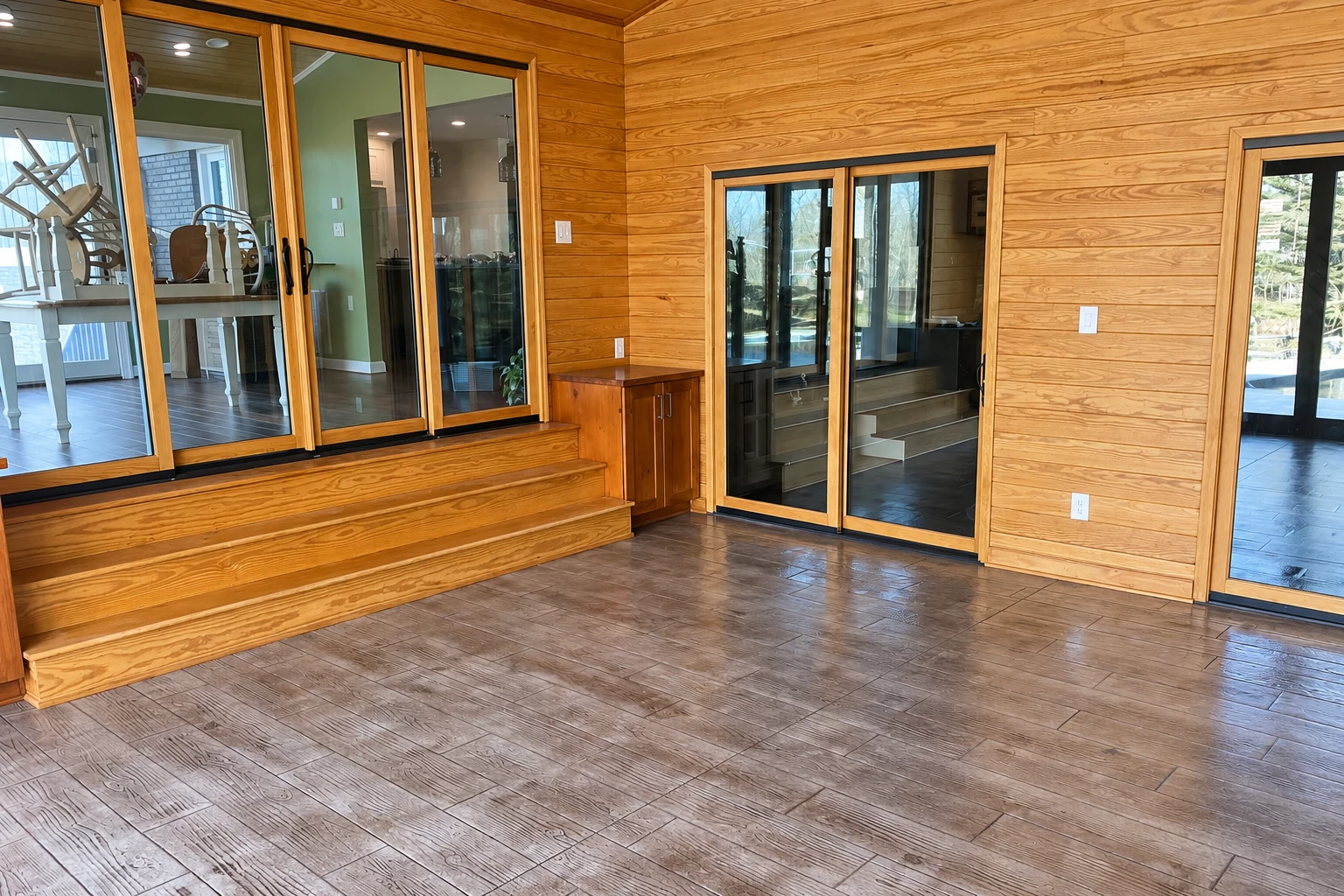 Enclosed patio with honey-colored wood walls, sliding glass doors and broad tiled flooring.