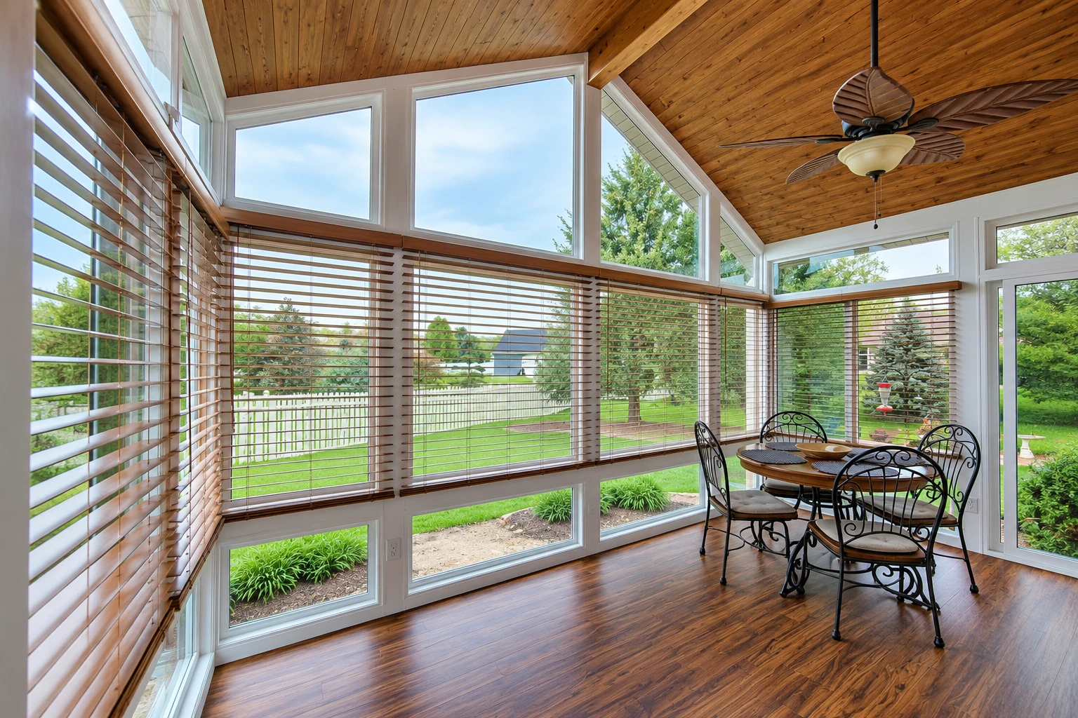 A converted patio sunroom has tall windows, wooden ceiling and blinds, with a small metal dining set overlooking a yard.