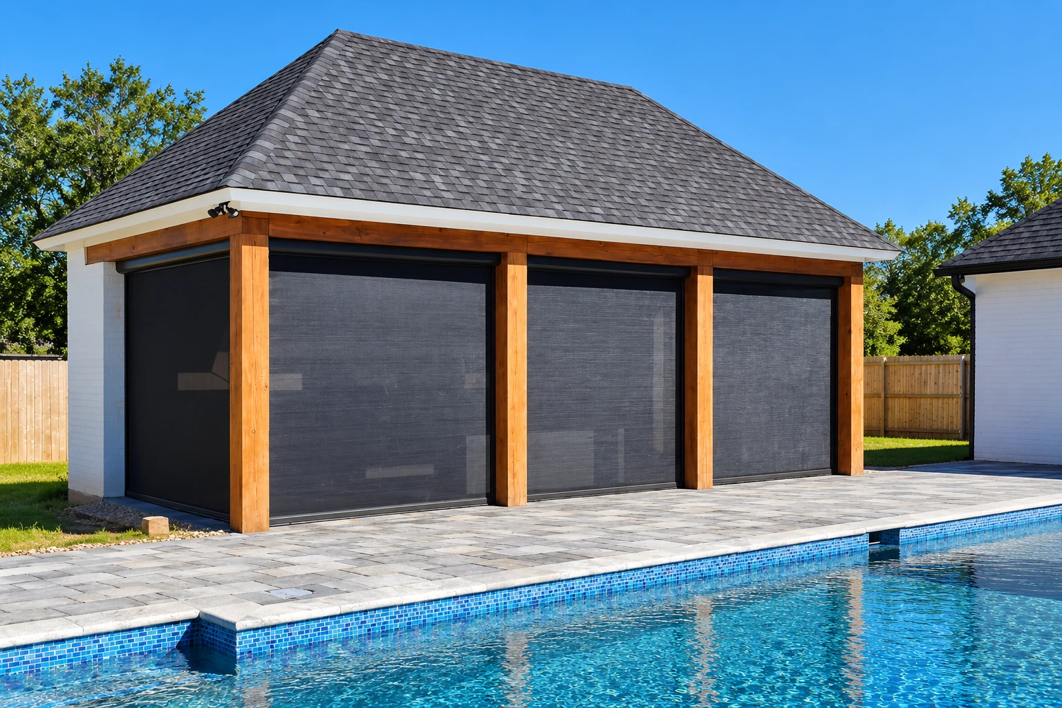 A poolside screen room has dark mesh panels between timber posts beneath a gray shingled hip roof.