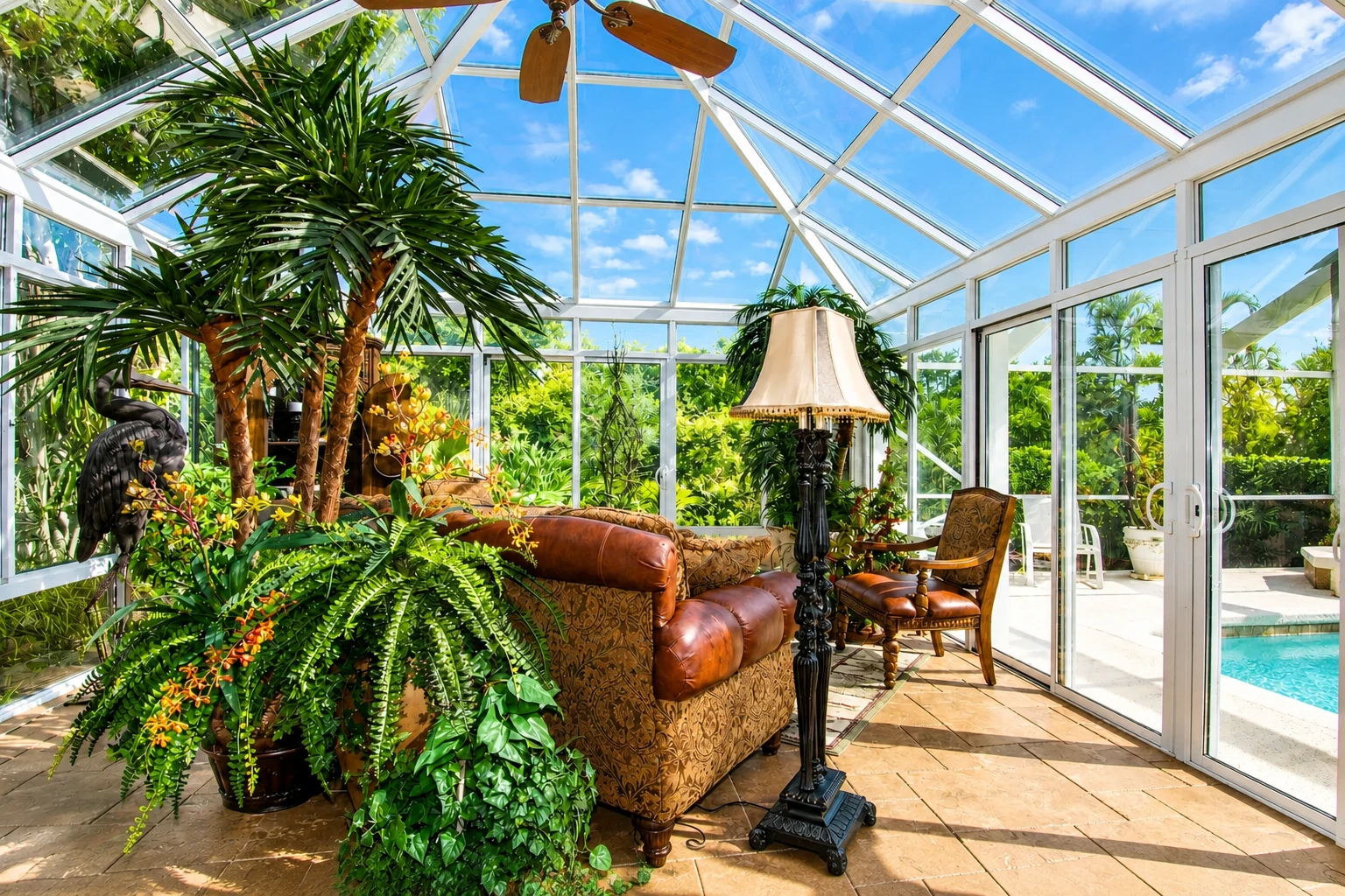A glass-roofed solarium filled with tropical plants, with leather seating and doors opening toward a pool.