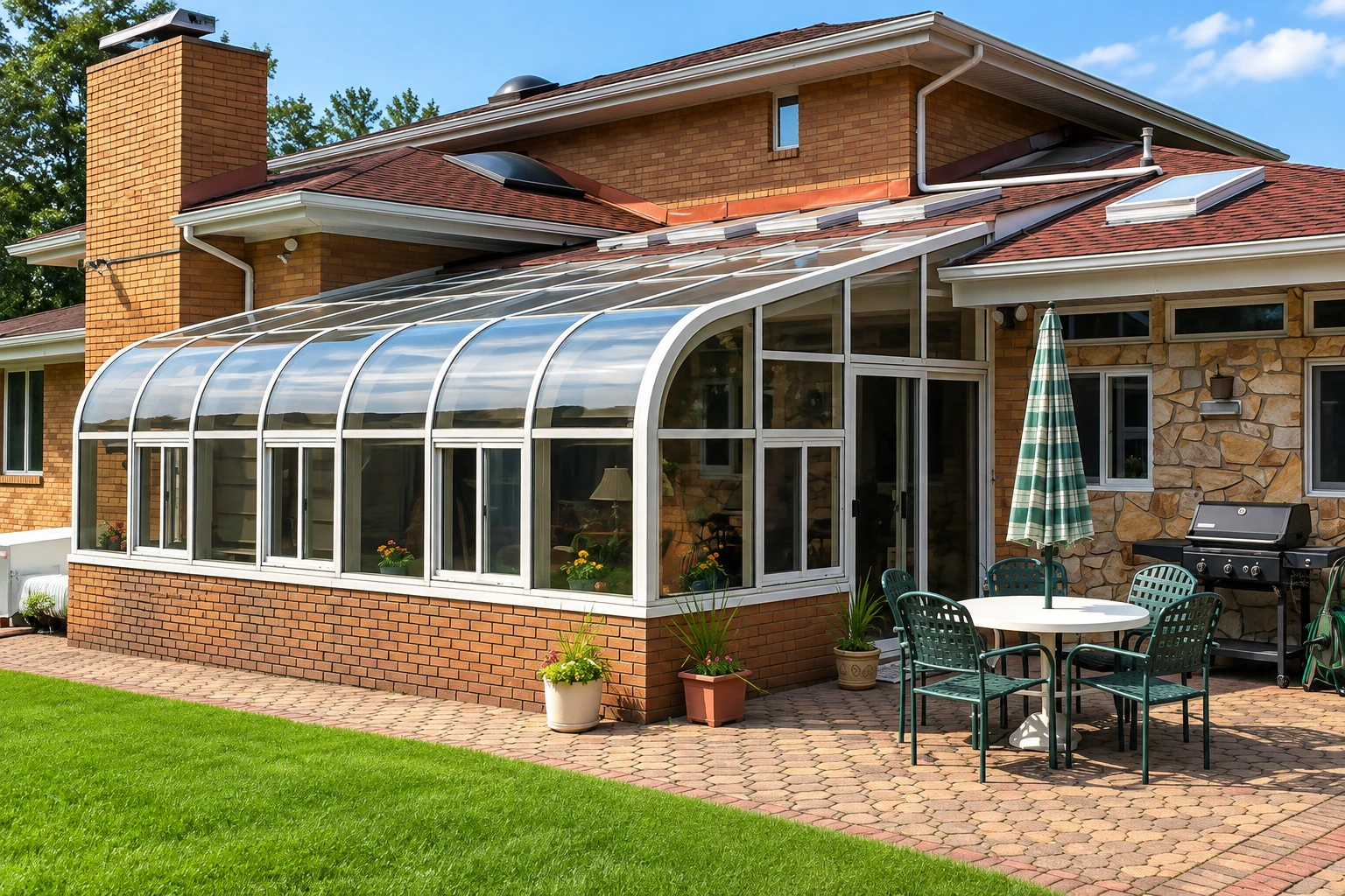 Curved glass solarium attached to a brick house, with a white frame and patio seating nearby.