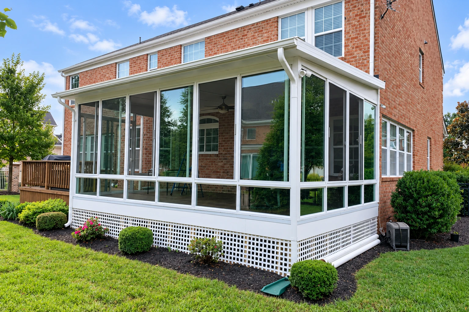White-framed sunroom addition with large windows attached to a two-story brick house.