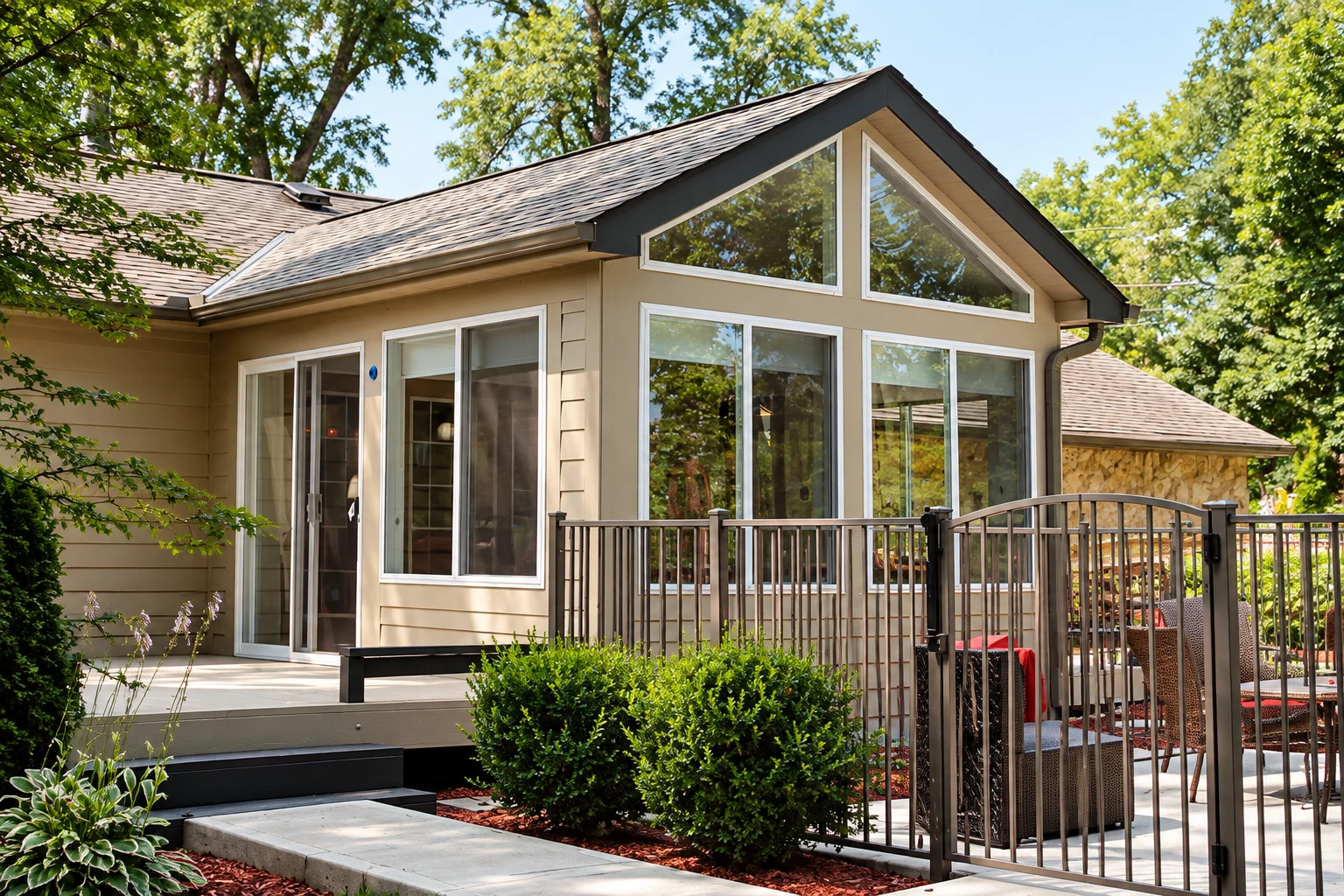 A tan house features a new sunroom with tall windows and a peaked glass gable, beside a fenced patio.