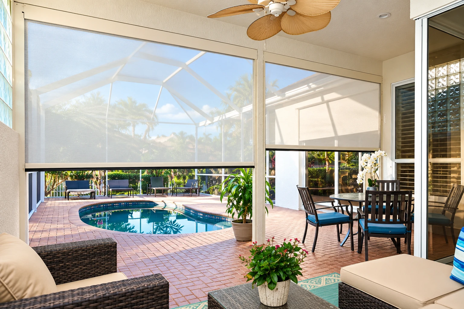 A screened sunroom overlooks a small backyard pool, with lowered shades, wicker seating, and a dining set.