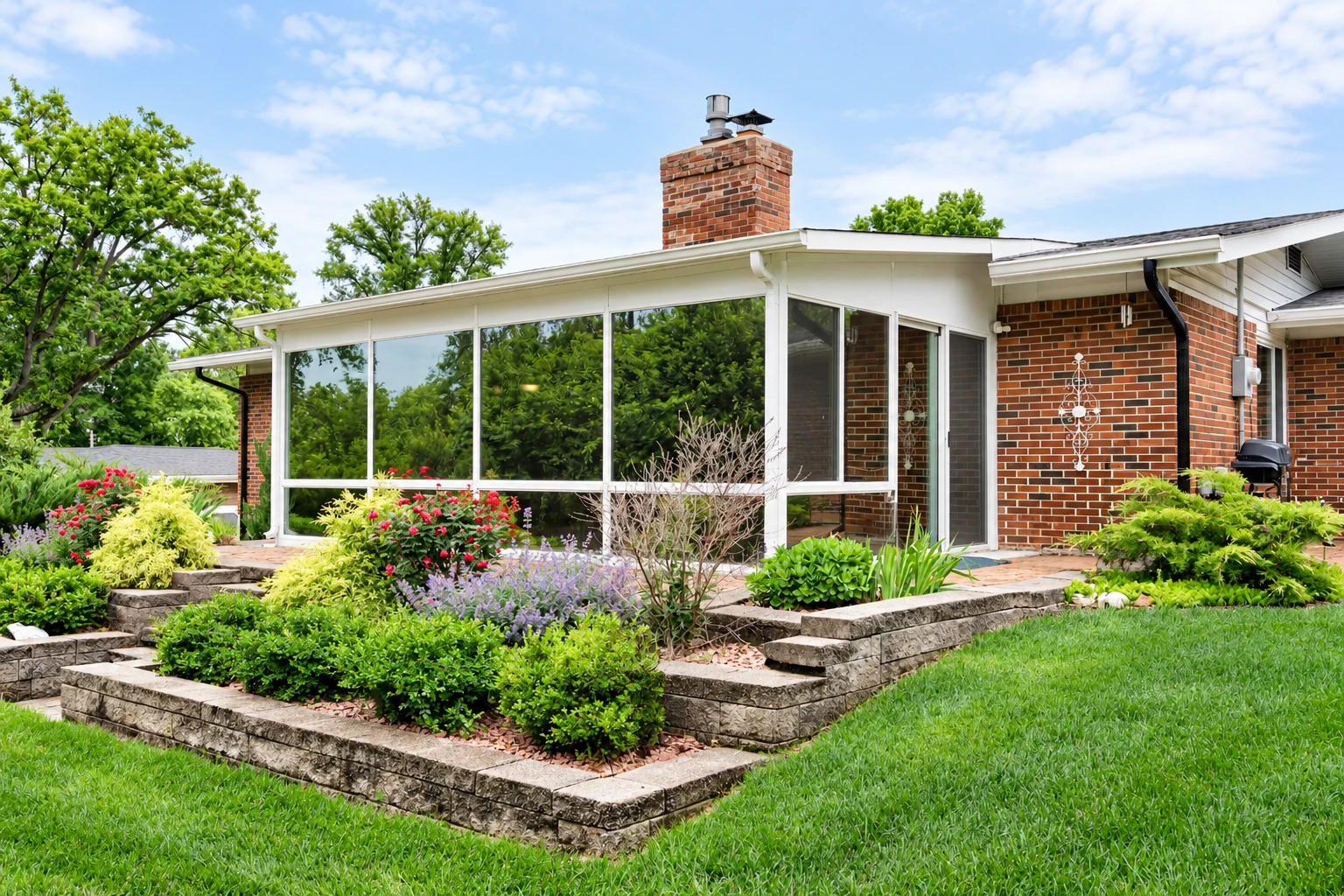 A white-framed three-season sunroom with broad windows sits beside a brick house, surrounded by raised stone garden beds.