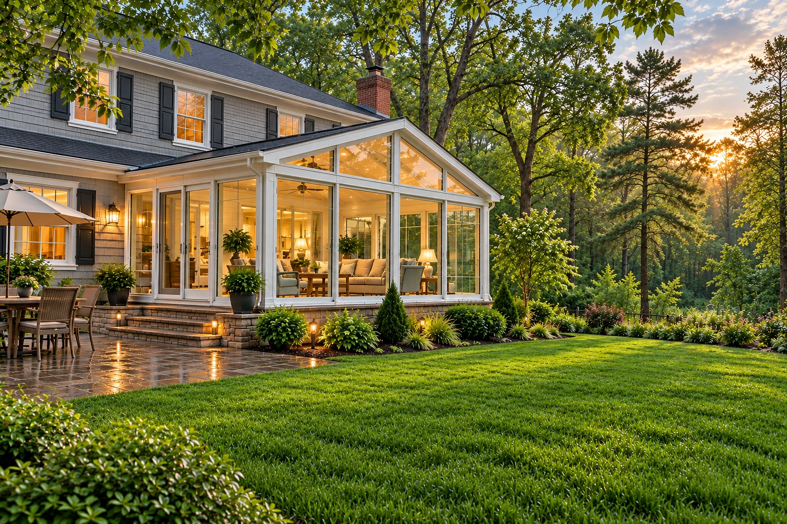 A white-framed glass sunroom extends from a gray-shingled house, with warm interior lights, patio seating and a wooded yard at sunset.